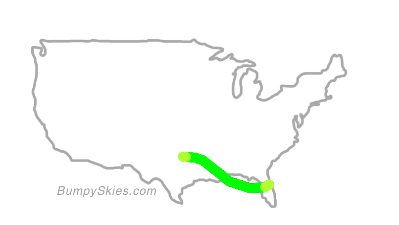 Map of continental US with illustrated flight path and turbulence forecast (described in text below)