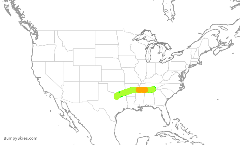 Turbulence forecast map for AAL2121, CHA to DFW