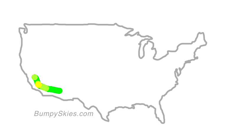 Map of continental US with illustrated flight path and turbulence forecast (described in text below)