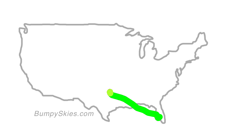 Map of continental US with illustrated flight path and turbulence forecast (described in text below)