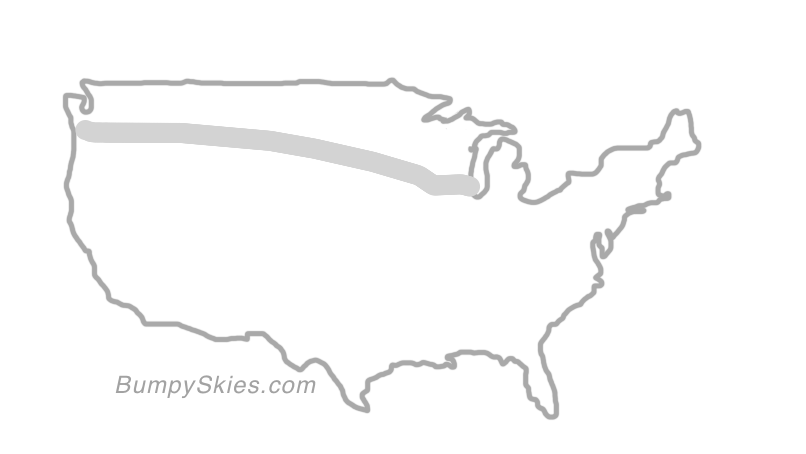 Map of continental US with illustrated flight path and turbulence forecast (described in text below)