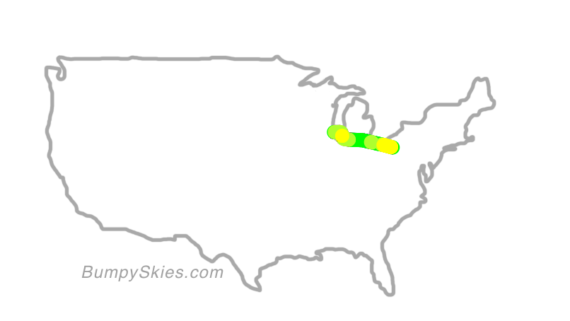 Map of continental US with illustrated flight path and turbulence forecast (described in text below)