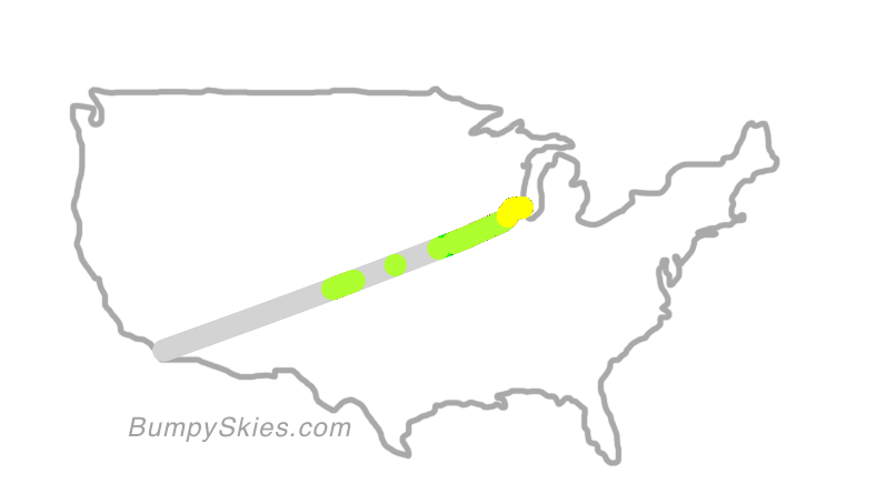 Map of continental US with illustrated flight path and turbulence forecast (described in text below)
