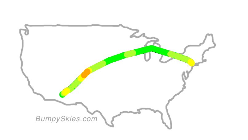 Map of continental US with illustrated flight path and turbulence forecast (described in text below)