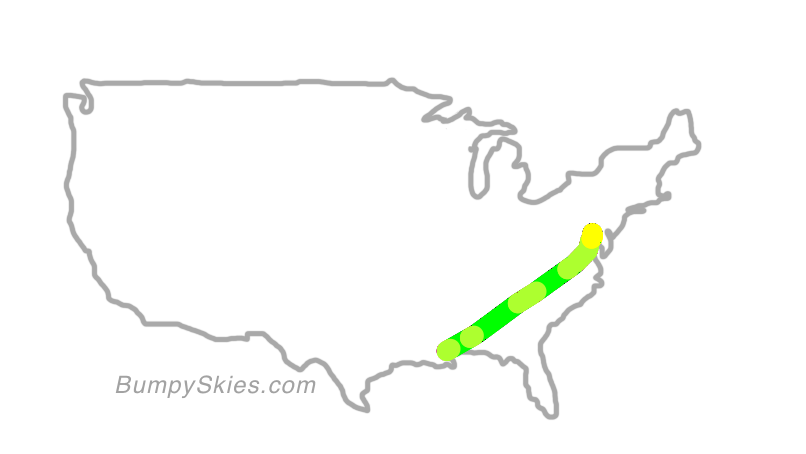 Map of continental US with illustrated flight path and turbulence forecast (described in text below)