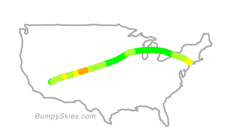 Map of continental US with illustrated flight path and turbulence forecast (described in text below)