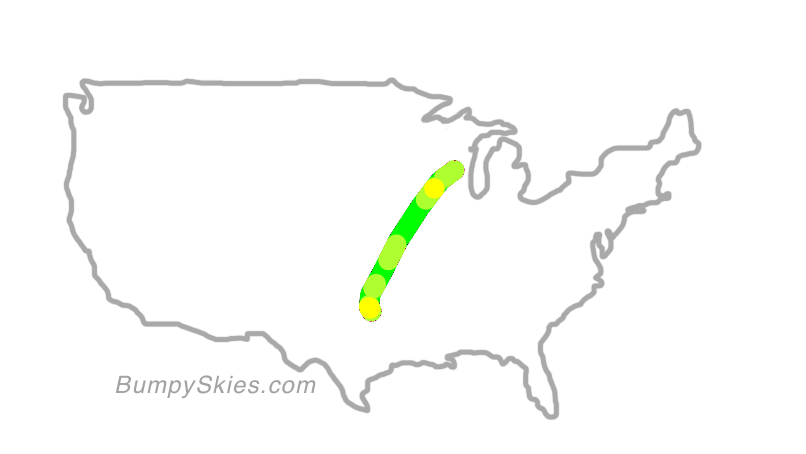 Map of continental US with illustrated flight path and turbulence forecast (described in text below)