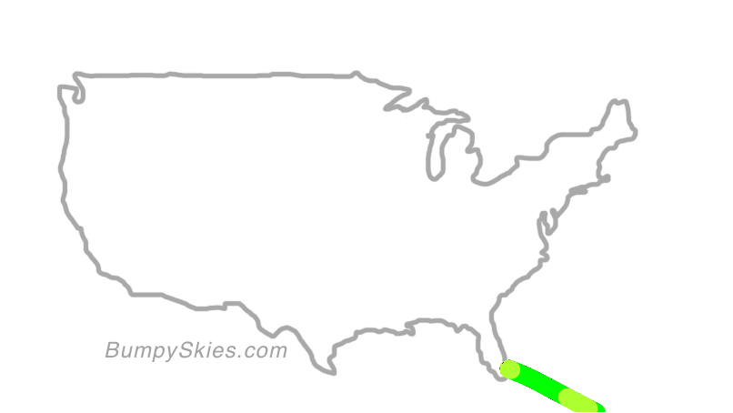 Map of continental US with illustrated flight path and turbulence forecast (described in text below)
