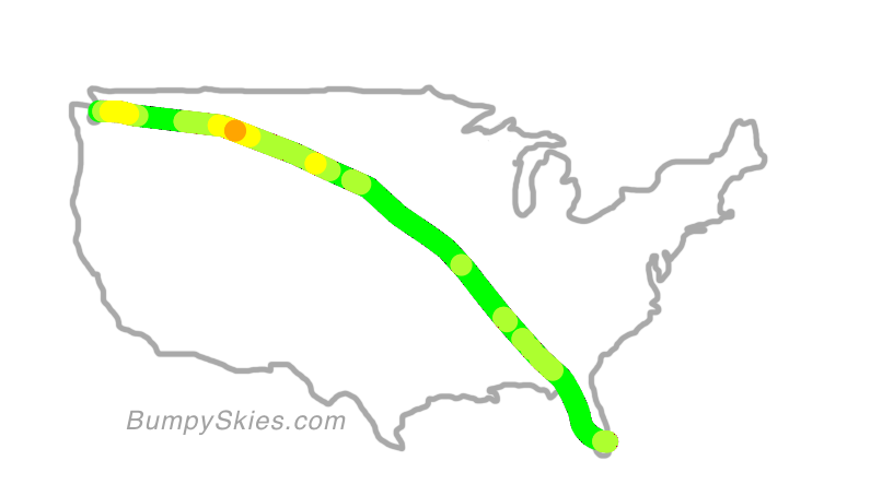 Map of continental US with illustrated flight path and turbulence forecast (described in text below)