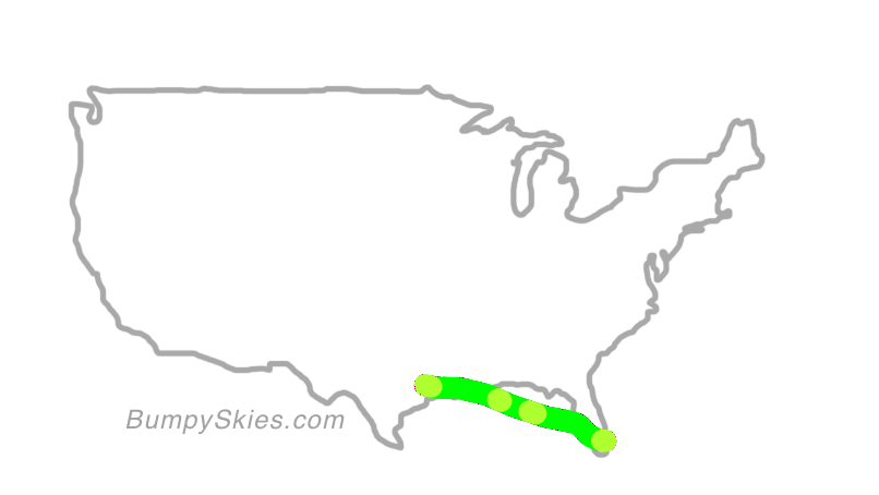 Map of continental US with illustrated flight path and turbulence forecast (described in text below)