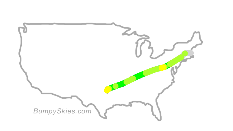 Map of continental US with illustrated flight path and turbulence forecast (described in text below)