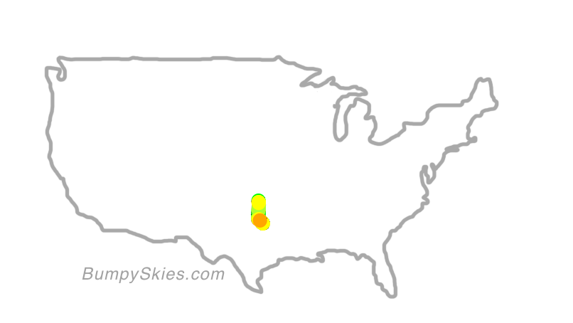 Map of continental US with illustrated flight path and turbulence forecast (described in text below)