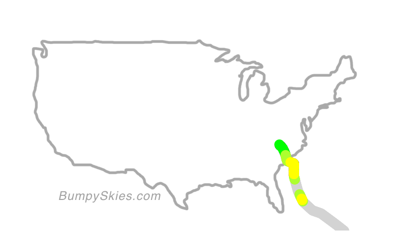 Map of continental US with illustrated flight path and turbulence forecast (described in text below)