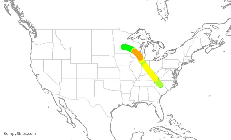 Turbulence forecast map for AAL2154, CLT to MSP