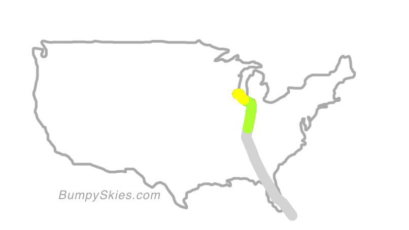 Map of continental US with illustrated flight path and turbulence forecast (described in text below)