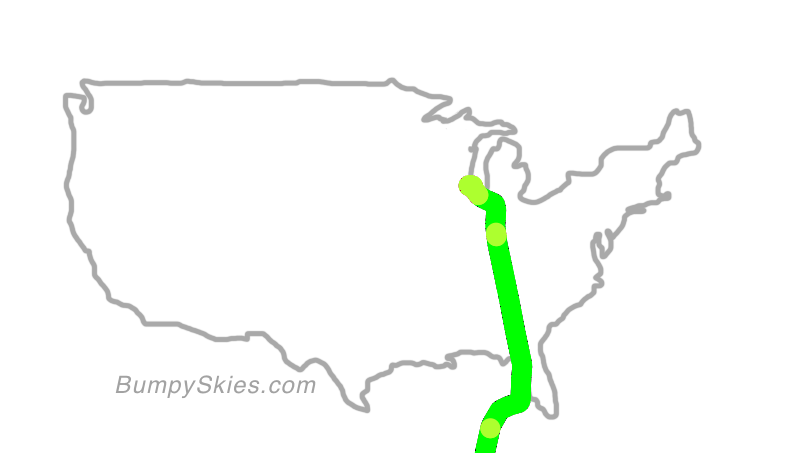 Map of continental US with illustrated flight path and turbulence forecast (described in text below)