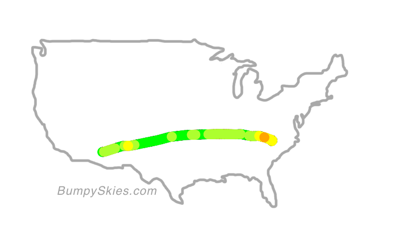 Map of continental US with illustrated flight path and turbulence forecast (described in text below)