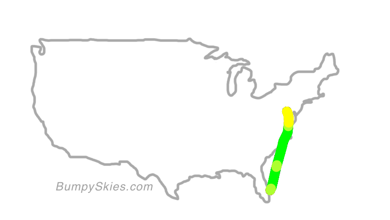 Map of continental US with illustrated flight path and turbulence forecast (described in text below)