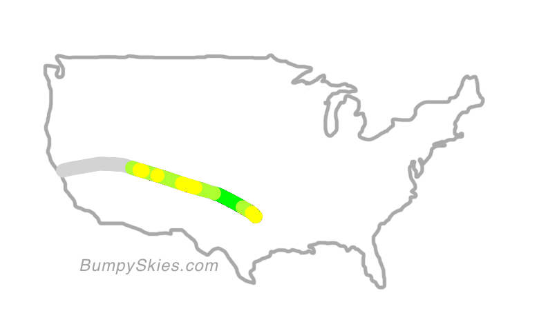 Map of continental US with illustrated flight path and turbulence forecast (described in text below)