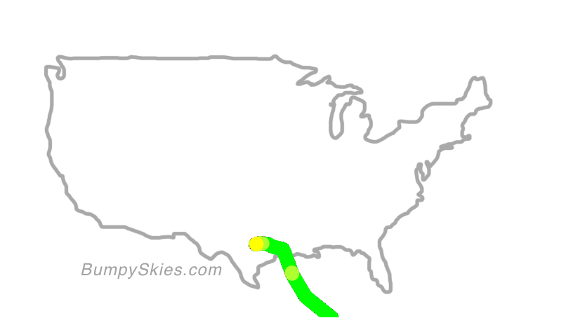 Map of continental US with illustrated flight path and turbulence forecast (described in text below)