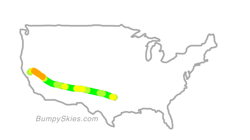 Map of continental US with illustrated flight path and turbulence forecast (described in text below)