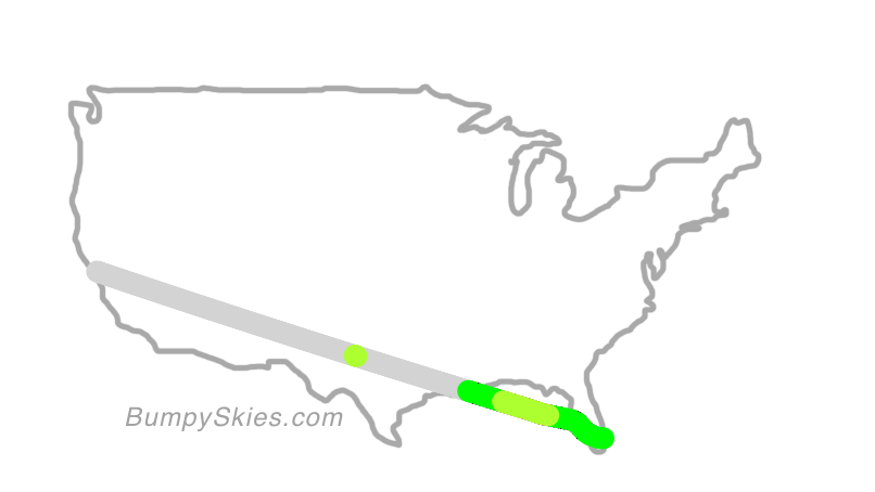Map of continental US with illustrated flight path and turbulence forecast (described in text below)