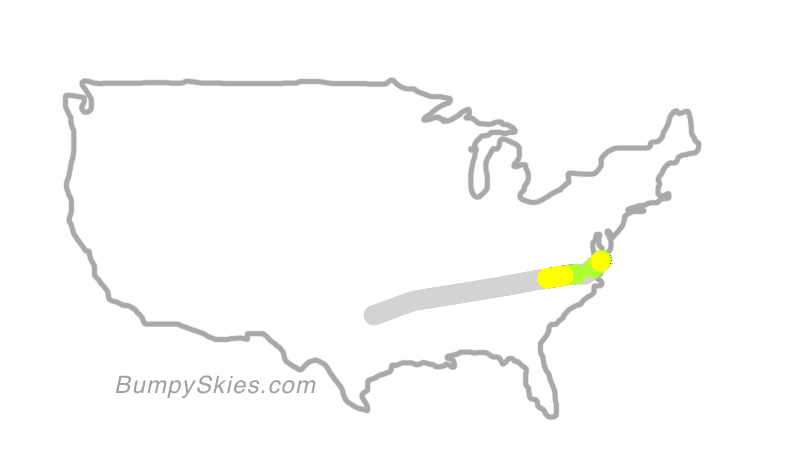 Map of continental US with illustrated flight path and turbulence forecast (described in text below)