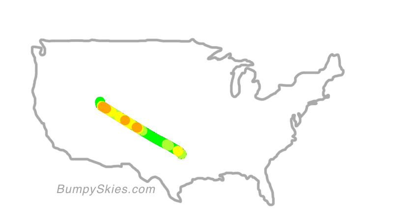 Map of continental US with illustrated flight path and turbulence forecast (described in text below)