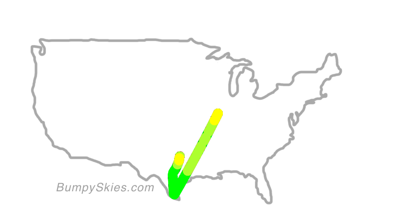 Map of continental US with illustrated flight path and turbulence forecast (described in text below)