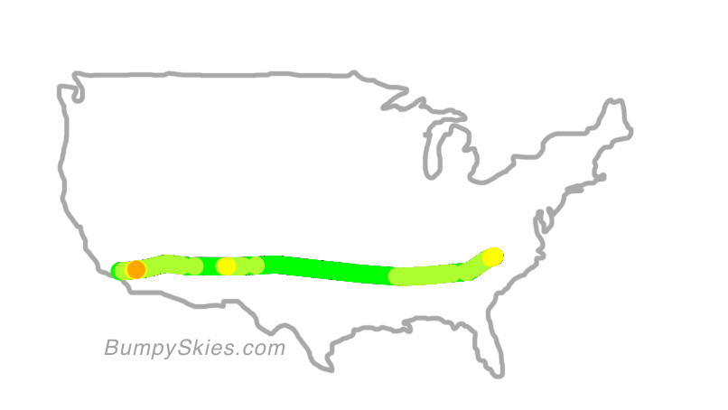 Map of continental US with illustrated flight path and turbulence forecast (described in text below)