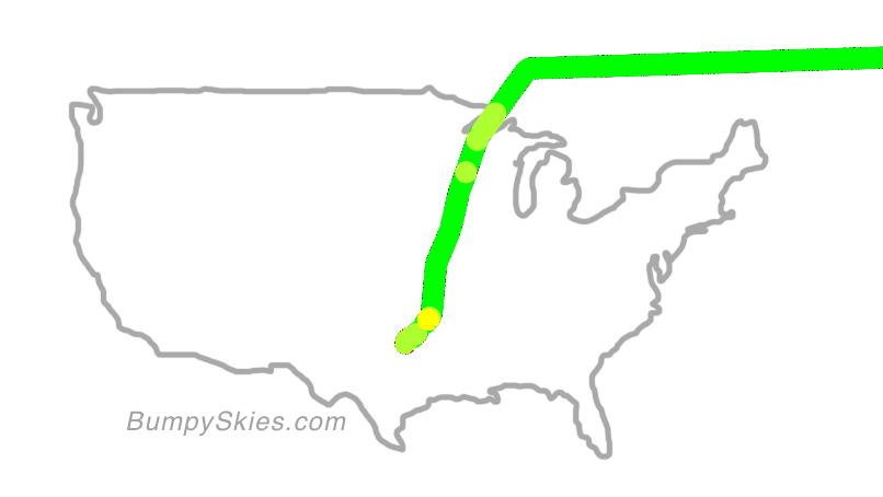 Map of continental US with illustrated flight path and turbulence forecast (described in text below)