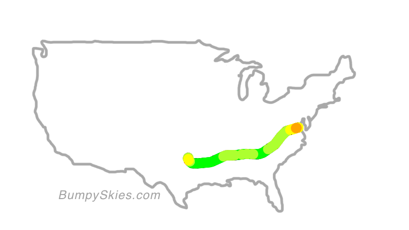 Map of continental US with illustrated flight path and turbulence forecast (described in text below)