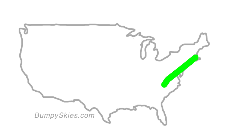 Map of continental US with illustrated flight path and turbulence forecast (described in text below)