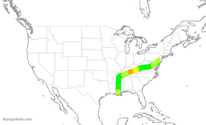 Turbulence forecast map for AAL2208, MSY to PHL