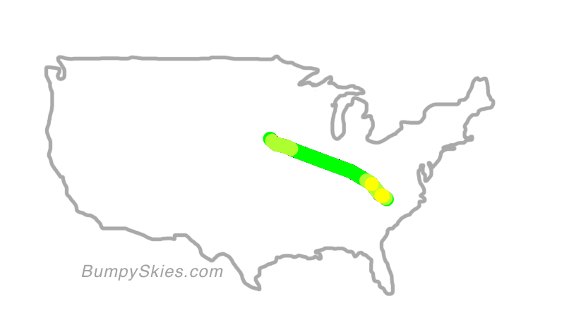 Map of continental US with illustrated flight path and turbulence forecast (described in text below)