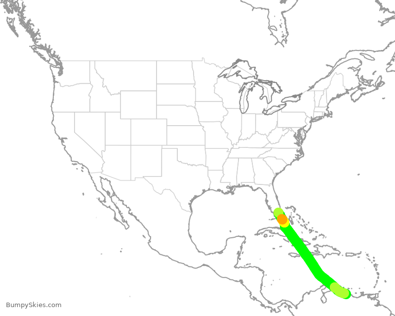 Turbulence forecast map for AAL2215, MIA to CCS