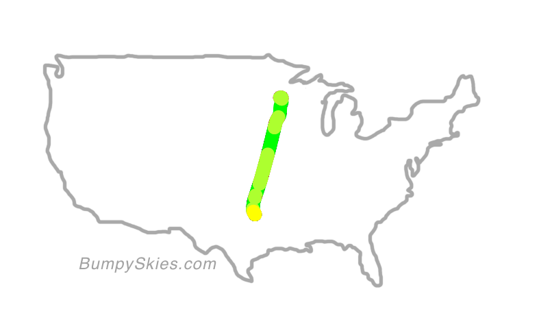 Map of continental US with illustrated flight path and turbulence forecast (described in text below)