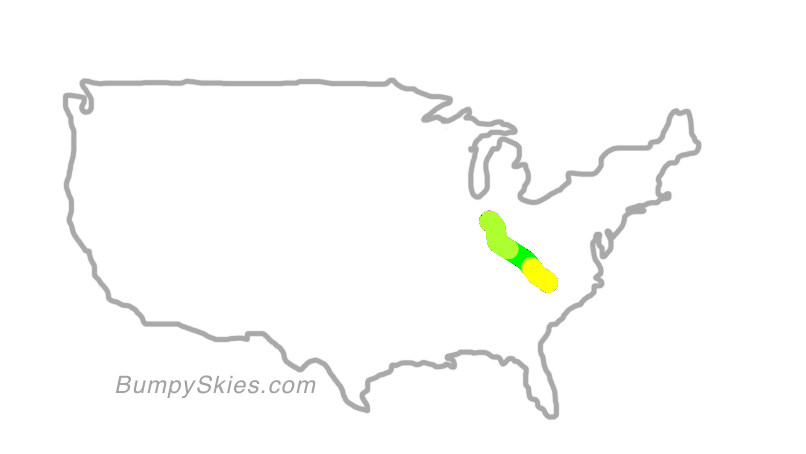 Map of continental US with illustrated flight path and turbulence forecast (described in text below)