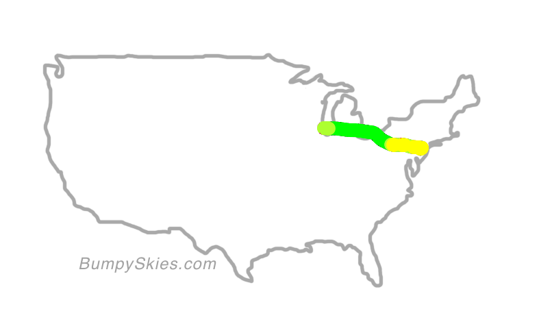 Map of continental US with illustrated flight path and turbulence forecast (described in text below)