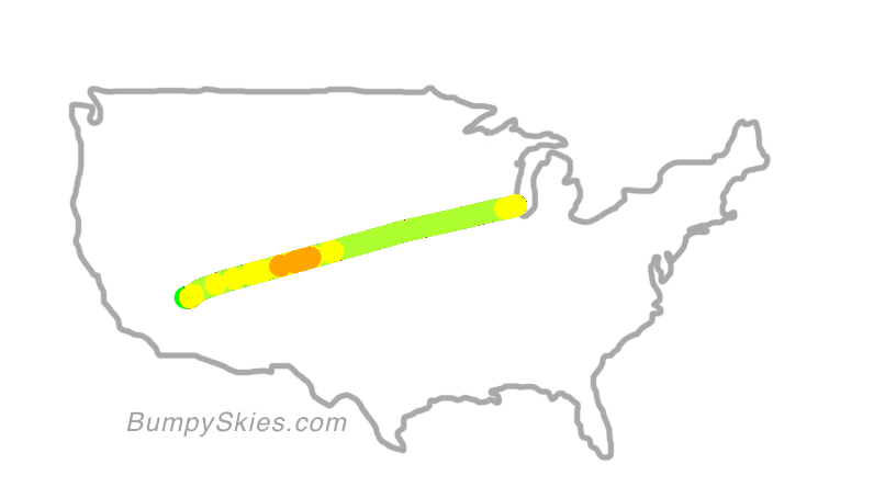 Map of continental US with illustrated flight path and turbulence forecast (described in text below)