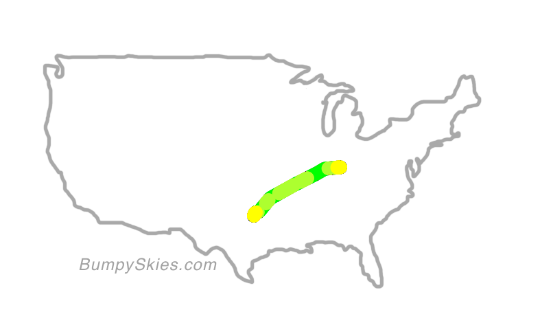 Map of continental US with illustrated flight path and turbulence forecast (described in text below)