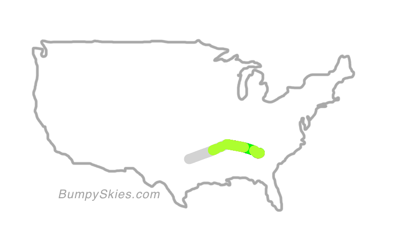 Map of continental US with illustrated flight path and turbulence forecast (described in text below)