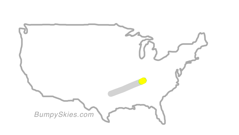 Map of continental US with illustrated flight path and turbulence forecast (described in text below)