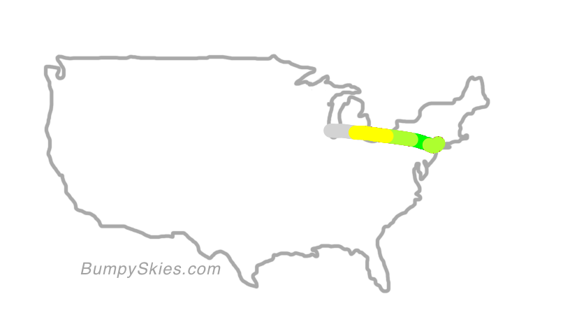 Map of continental US with illustrated flight path and turbulence forecast (described in text below)