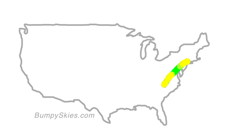 Map of continental US with illustrated flight path and turbulence forecast (described in text below)