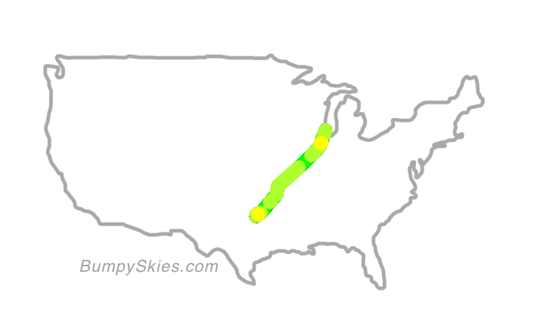 Map of continental US with illustrated flight path and turbulence forecast (described in text below)