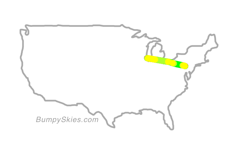 Map of continental US with illustrated flight path and turbulence forecast (described in text below)