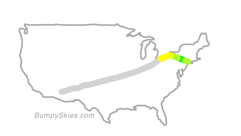 Map of continental US with illustrated flight path and turbulence forecast (described in text below)