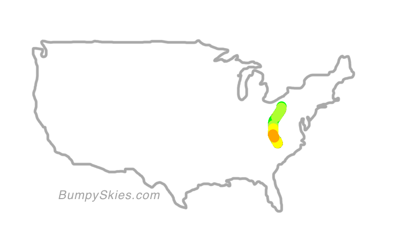 Map of continental US with illustrated flight path and turbulence forecast (described in text below)