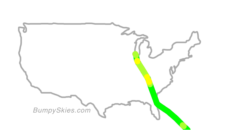 Map of continental US with illustrated flight path and turbulence forecast (described in text below)